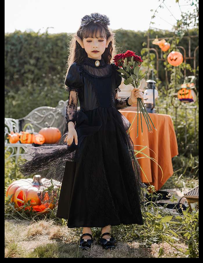 ハロウィン コスプレ キッズ　精霊　ハロウィン衣装 子供 キッズ 子供用 おばけ 幽霊 ゴースト コスプレ 子供服 ドレス かわいい　精霊衣装 パーティー イベント 姫系　全黒 スリラー hallow