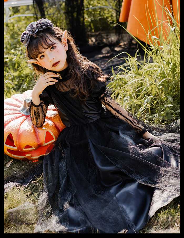 ハロウィン コスプレ キッズ　精霊　ハロウィン衣装 子供 キッズ 子供用 おばけ 幽霊 ゴースト コスプレ 子供服 ドレス かわいい　精霊衣装 パーティー イベント 姫系　全黒 スリラー hallow