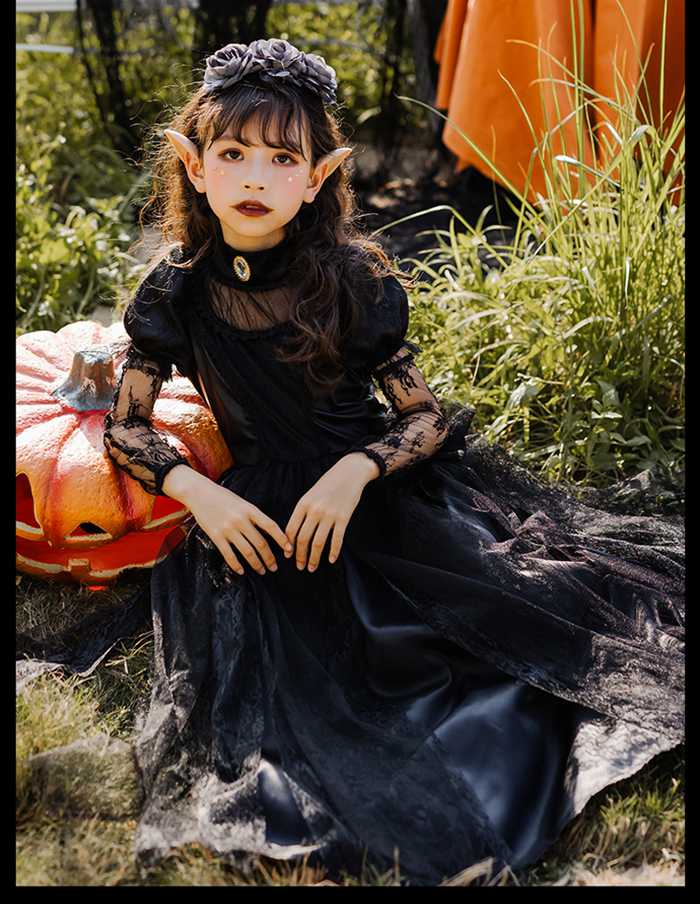 ハロウィン コスプレ キッズ　精霊　ハロウィン衣装 子供 キッズ 子供用 おばけ 幽霊 ゴースト コスプレ 子供服 ドレス かわいい　精霊衣装 パーティー イベント 姫系　全黒 スリラー hallow