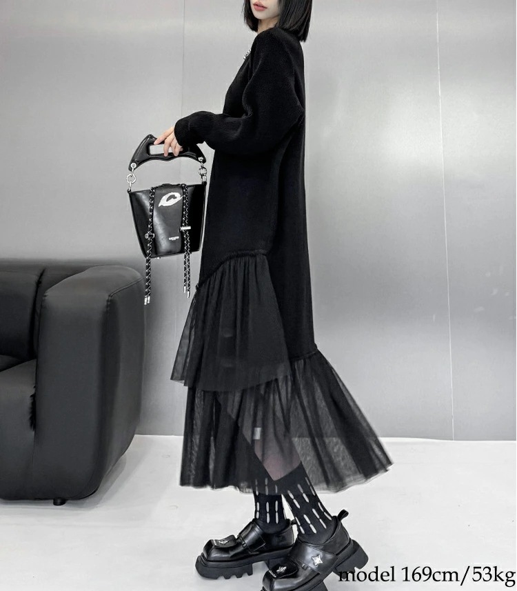 【早い者勝ちタイムセール】異素材ドッキングニットワンピース ワンピース レディース 長袖 ロング Vネック ニット ワンピ きれいめ ドッキング チュール 切り替え マキシ丈 服 着痩せ 韓国 秋 冬