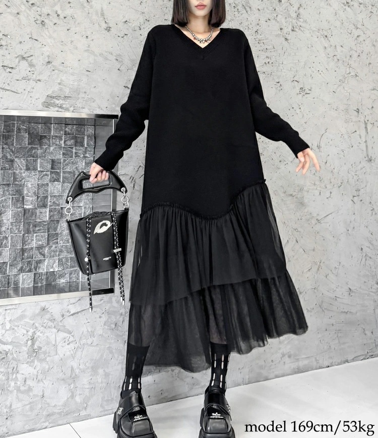 【早い者勝ちタイムセール】異素材ドッキングニットワンピース ワンピース レディース 長袖 ロング Vネック ニット ワンピ きれいめ ドッキング チュール 切り替え マキシ丈 服 着痩せ 韓国 秋 冬