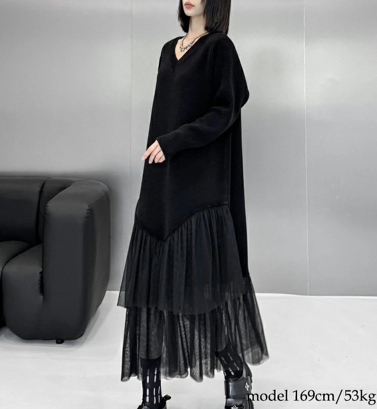 【早い者勝ちタイムセール】異素材ドッキングニットワンピース ワンピース レディース 長袖 ロング Vネック ニット ワンピ きれいめ ドッキング チュール 切り替え マキシ丈 服 着痩せ 韓国 秋 冬