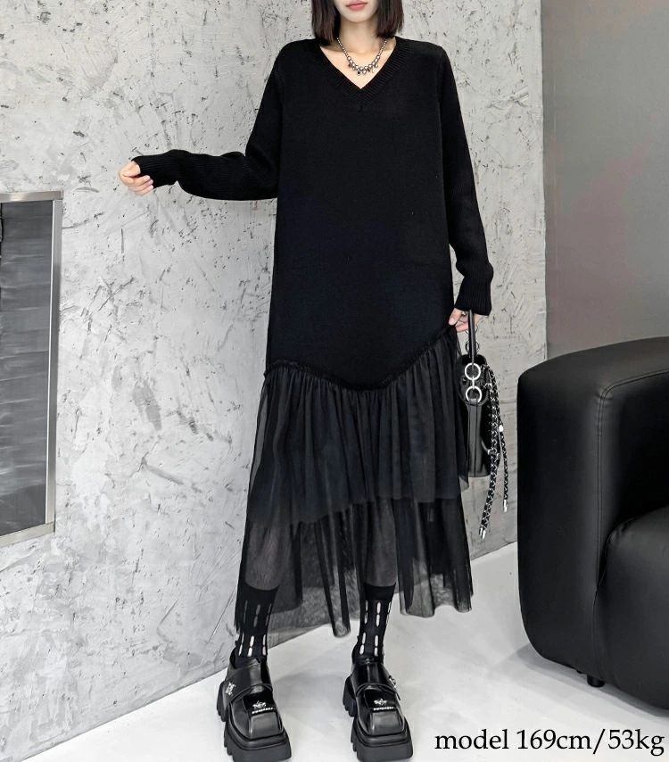 【早い者勝ちタイムセール】異素材ドッキングニットワンピース ワンピース レディース 長袖 ロング Vネック ニット ワンピ きれいめ ドッキング チュール 切り替え マキシ丈 服 着痩せ 韓国 秋 冬
