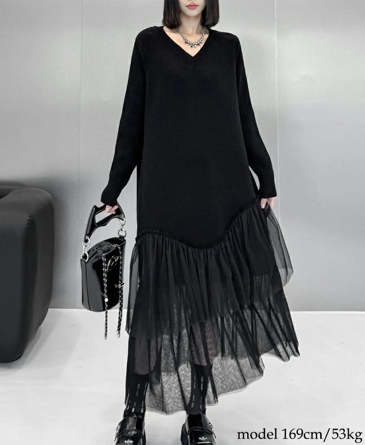 【早い者勝ちタイムセール】異素材ドッキングニットワンピース ワンピース レディース 長袖 ロング Vネック ニット ワンピ きれいめ ドッキング チュール 切り替え マキシ丈 服 着痩せ 韓国 秋 冬
