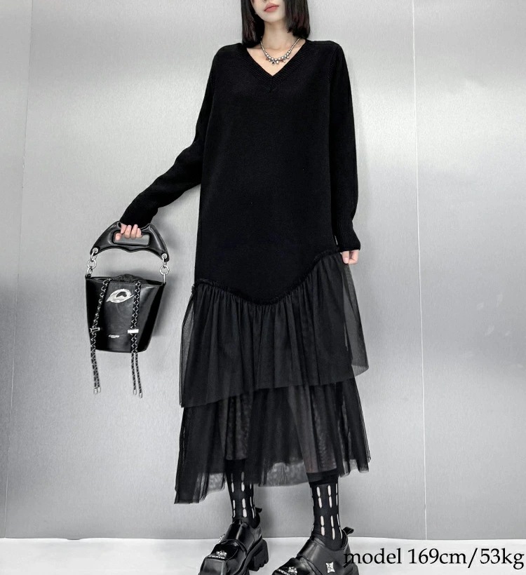 【早い者勝ちタイムセール】異素材ドッキングニットワンピース ワンピース レディース 長袖 ロング Vネック ニット ワンピ きれいめ ドッキング チュール 切り替え マキシ丈 服 着痩せ 韓国 秋 冬