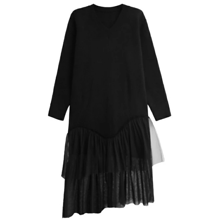 【早い者勝ちタイムセール】異素材ドッキングニットワンピース ワンピース レディース 長袖 ロング Vネック ニット ワンピ きれいめ ドッキング チュール 切り替え マキシ丈 服 着痩せ 韓国 秋 冬