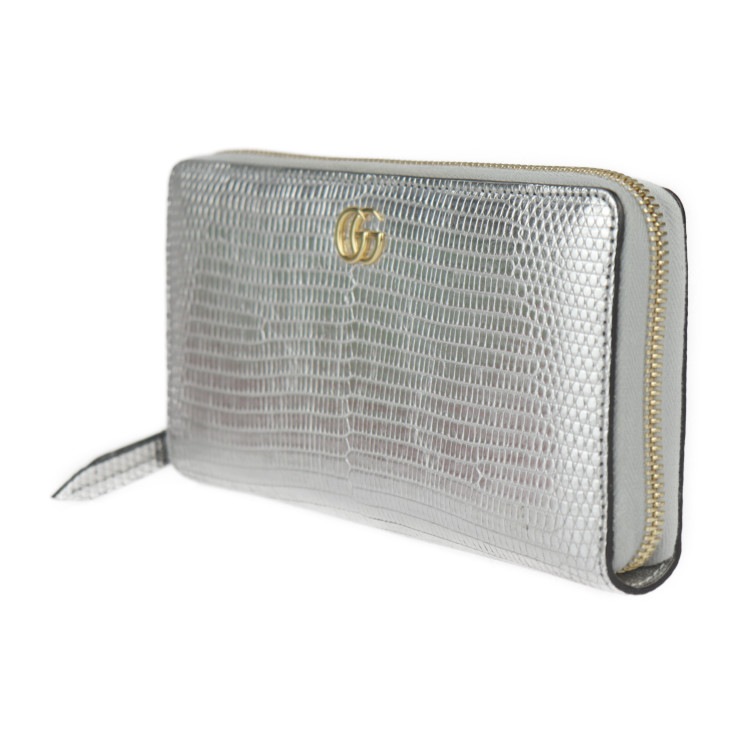 美品 GUCCI グッチ GGマーモント 456117 長財布 リザード シルバー ゴールド金具 ラウンドファスナー【本物保証】 美品 GUCCI グッチ GGマーモント 456117 長財布 リザード シルバー