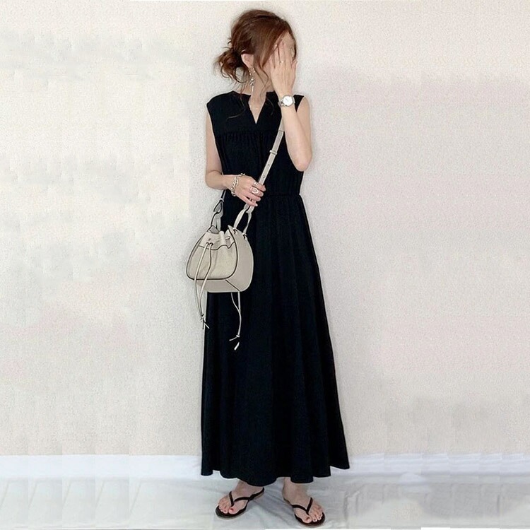 ワンピース レディース ノースリーブ 黒ワンピ ブラック ロング丈ワンピース 可愛い おしゃれ 上品 きれいめ マキシ丈 夏ワンピース Vネック ワンサイズ 袖なしワンピース 2タイプ 黒ワンピース