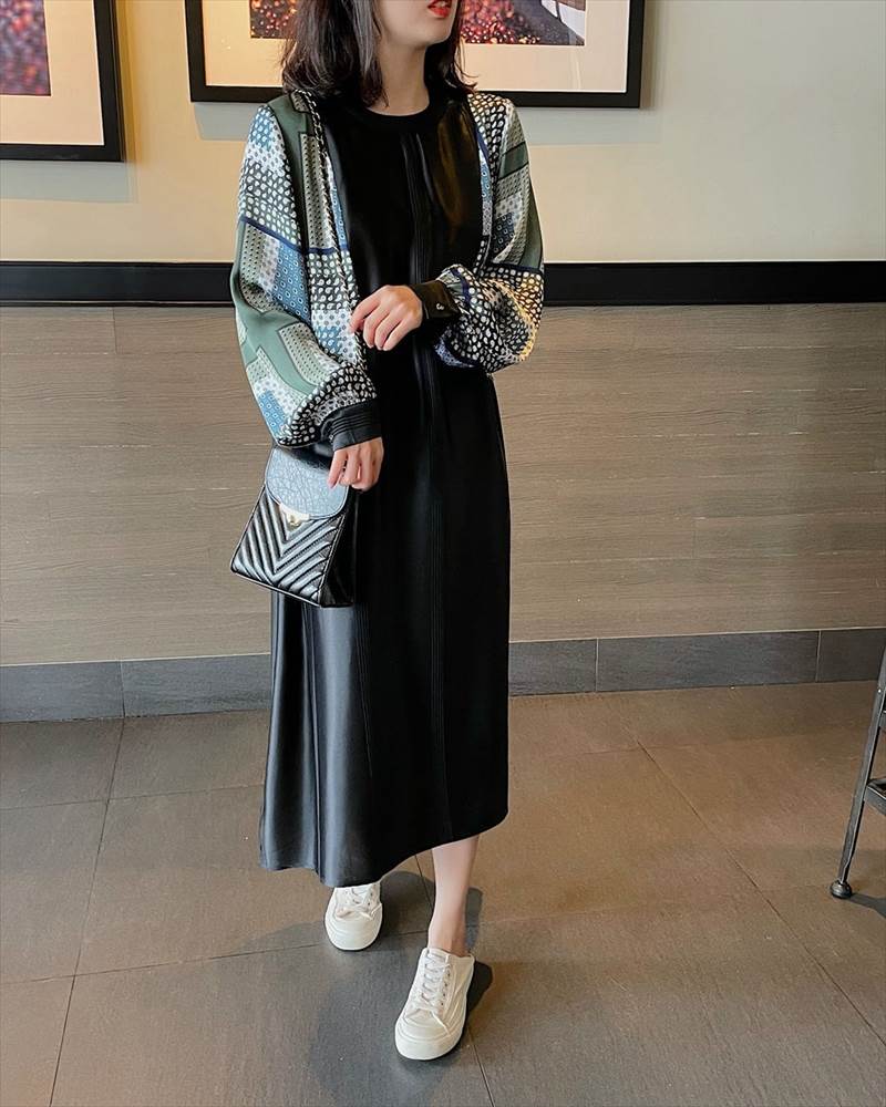 【急速出荷!】大人気 ワンピース レディース ロング丈 ドット 柄 無地 チェック 長袖 襟なし ラウンドネック 切替 フェイクツーピース 大人可愛い かっこいい 黒 ブラック レトロ 大人可愛い お