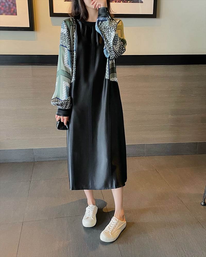 【急速出荷!】大人気 ワンピース レディース ロング丈 ドット 柄 無地 チェック 長袖 襟なし ラウンドネック 切替 フェイクツーピース 大人可愛い かっこいい 黒 ブラック レトロ 大人可愛い お