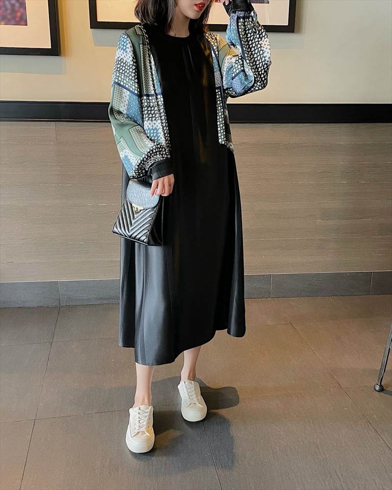 【急速出荷!】大人気 ワンピース レディース ロング丈 ドット 柄 無地 チェック 長袖 襟なし ラウンドネック 切替 フェイクツーピース 大人可愛い かっこいい 黒 ブラック レトロ 大人可愛い お