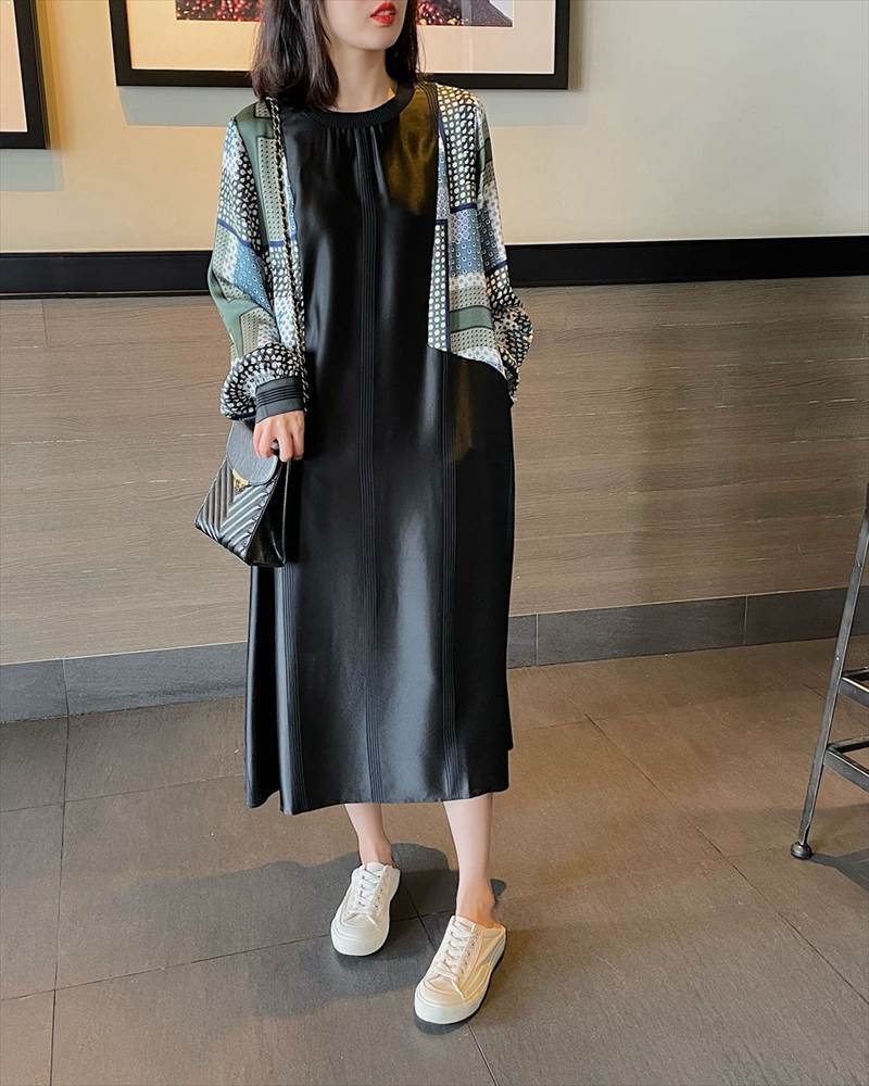 【急速出荷!】大人気 ワンピース レディース ロング丈 ドット 柄 無地 チェック 長袖 襟なし ラウンドネック 切替 フェイクツーピース 大人可愛い かっこいい 黒 ブラック レトロ 大人可愛い お