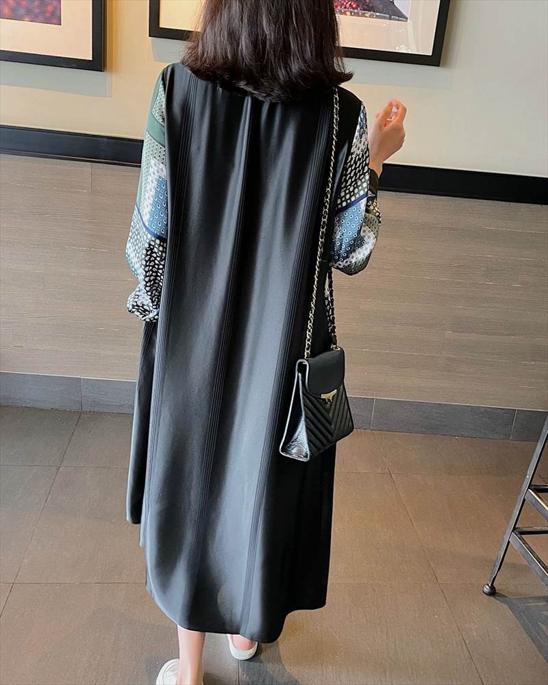 【急速出荷!】大人気 ワンピース レディース ロング丈 ドット 柄 無地 チェック 長袖 襟なし ラウンドネック 切替 フェイクツーピース 大人可愛い かっこいい 黒 ブラック レトロ 大人可愛い お