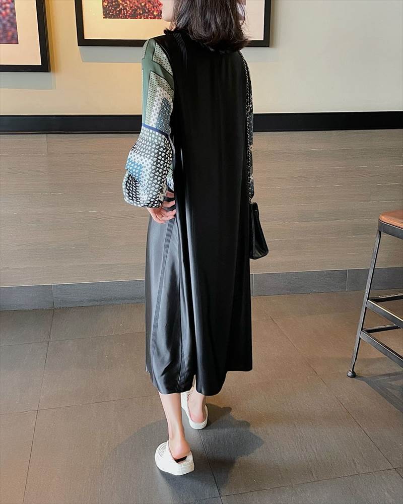 【急速出荷!】大人気 ワンピース レディース ロング丈 ドット 柄 無地 チェック 長袖 襟なし ラウンドネック 切替 フェイクツーピース 大人可愛い かっこいい 黒 ブラック レトロ 大人可愛い お