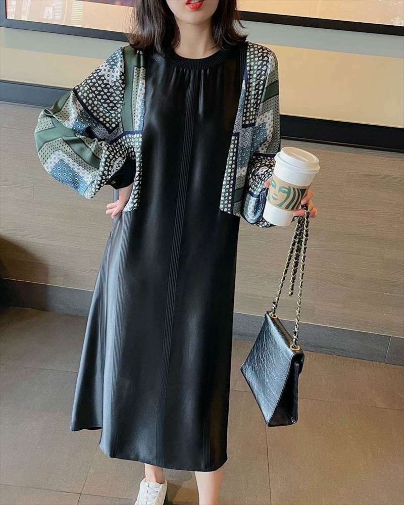 【急速出荷!】大人気 ワンピース レディース ロング丈 ドット 柄 無地 チェック 長袖 襟なし ラウンドネック 切替 フェイクツーピース 大人可愛い かっこいい 黒 ブラック レトロ 大人可愛い お