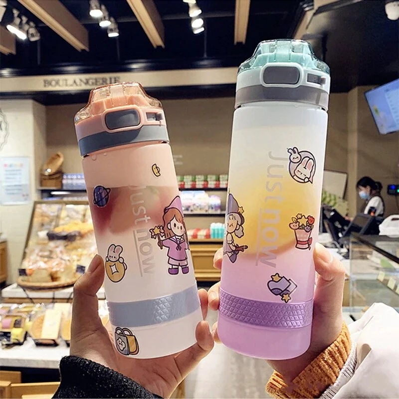 ストロー付きクリエイティブフロストグラデーションプラスチックウォーターボトルかわいいキッズシッピーウ ストロー付きクリエイティブフロストグラデーションプラスチックウォーターボトルかわいいキッズシッピーウ