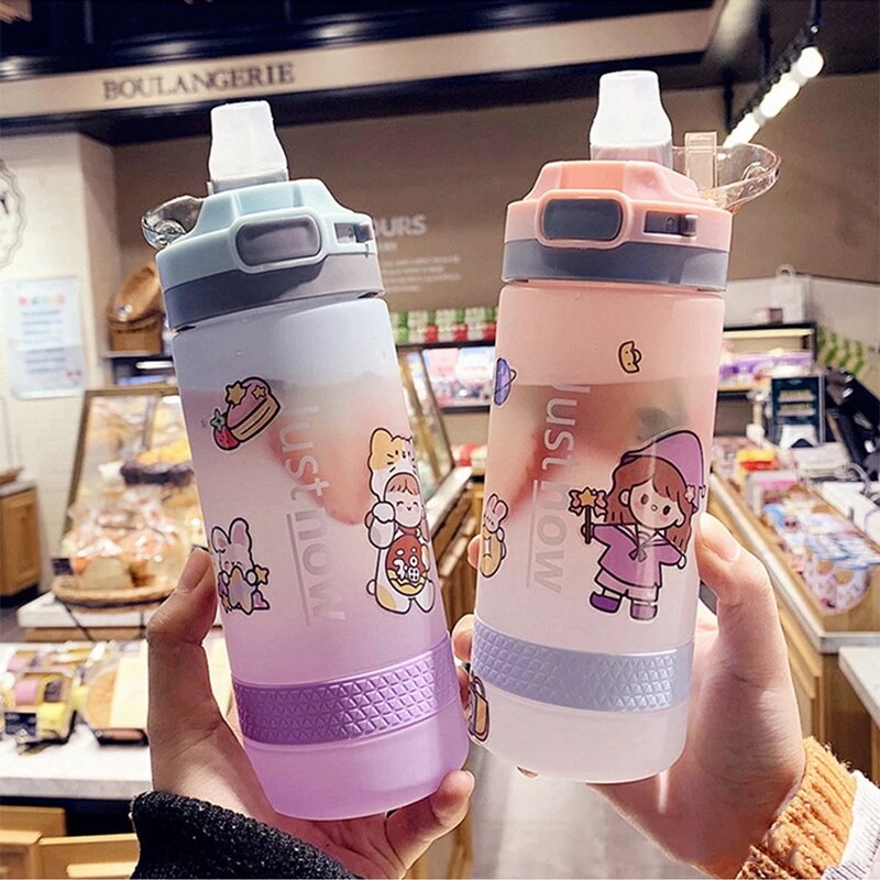ストロー付きクリエイティブフロストグラデーションプラスチックウォーターボトルかわいいキッズシッピーウ ストロー付きクリエイティブフロストグラデーションプラスチックウォーターボトルかわいいキッズシッピーウ