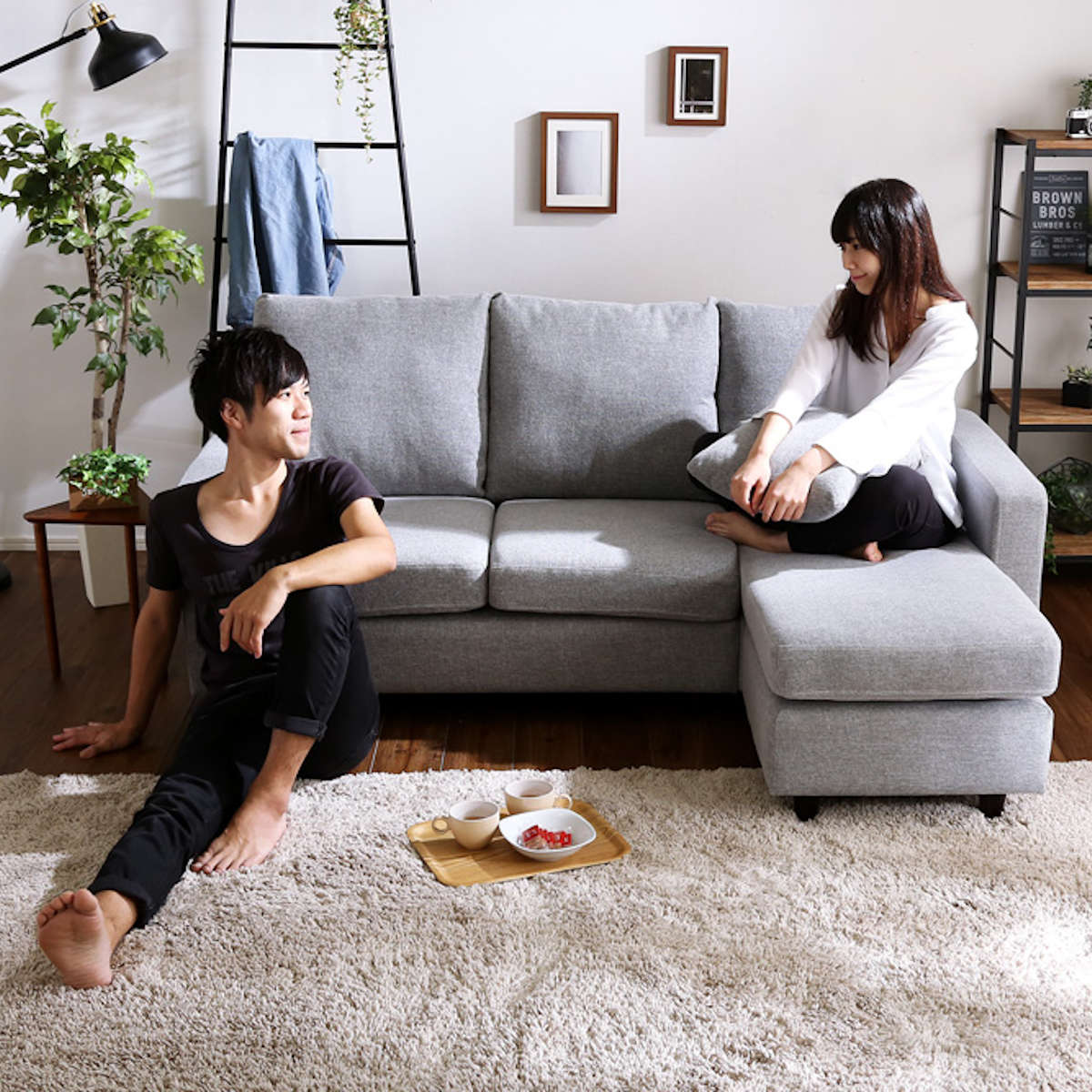 ソファ 3人掛け 幅176cm ローソファ 脚取り外し可能 ファブリック L字 カウチ ソファー スツール オットマン レイアウト 自由 クッション 2個付き 北欧風