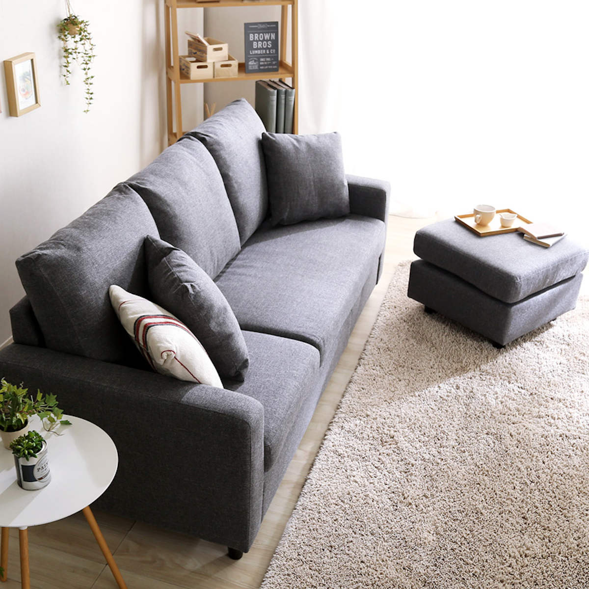 ソファ 3人掛け 幅176cm ローソファ 脚取り外し可能 ファブリック L字 カウチ ソファー スツール オットマン レイアウト 自由 クッション 2個付き 北欧風