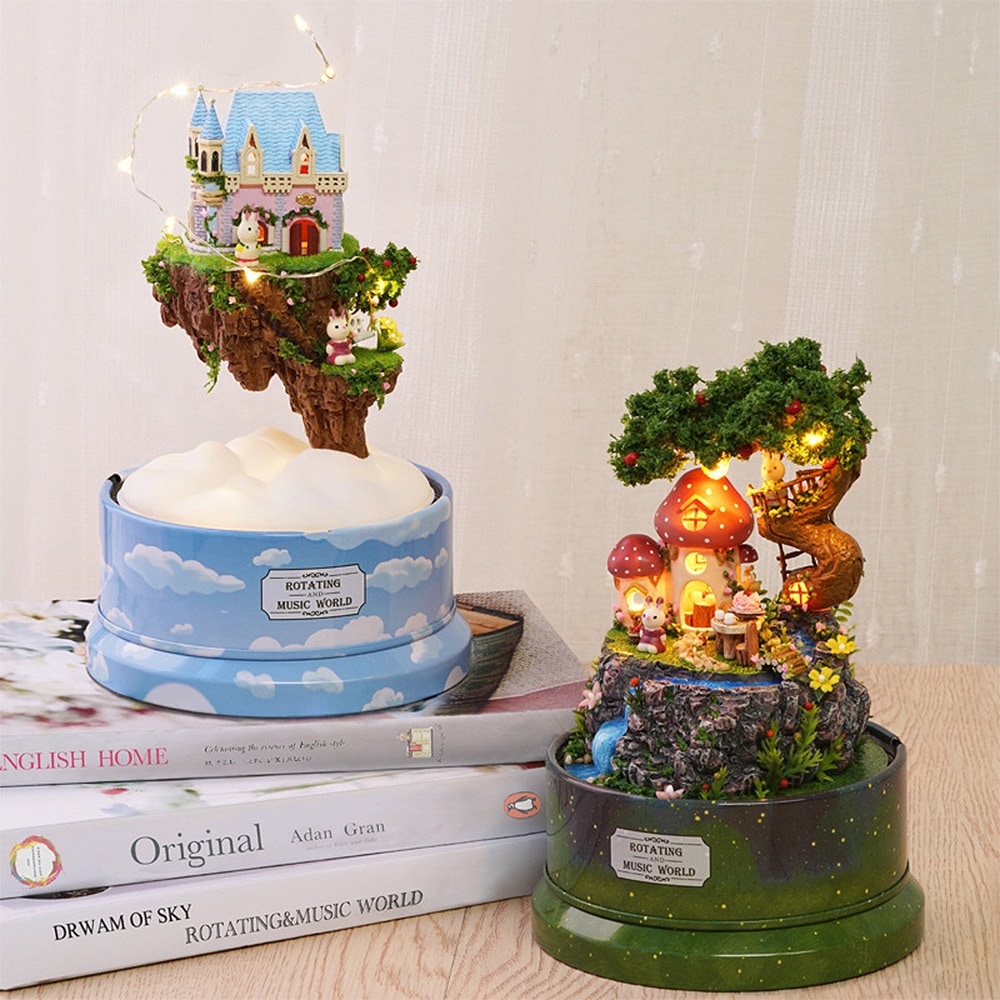 ドールハウス ミニチュア 手作りキット セットドールハウス タワー ドーム シリーズ 回転式 オルゴール + LEDライト + ドーム型アクリルカバー ( 小川のそばのきのこの家 )