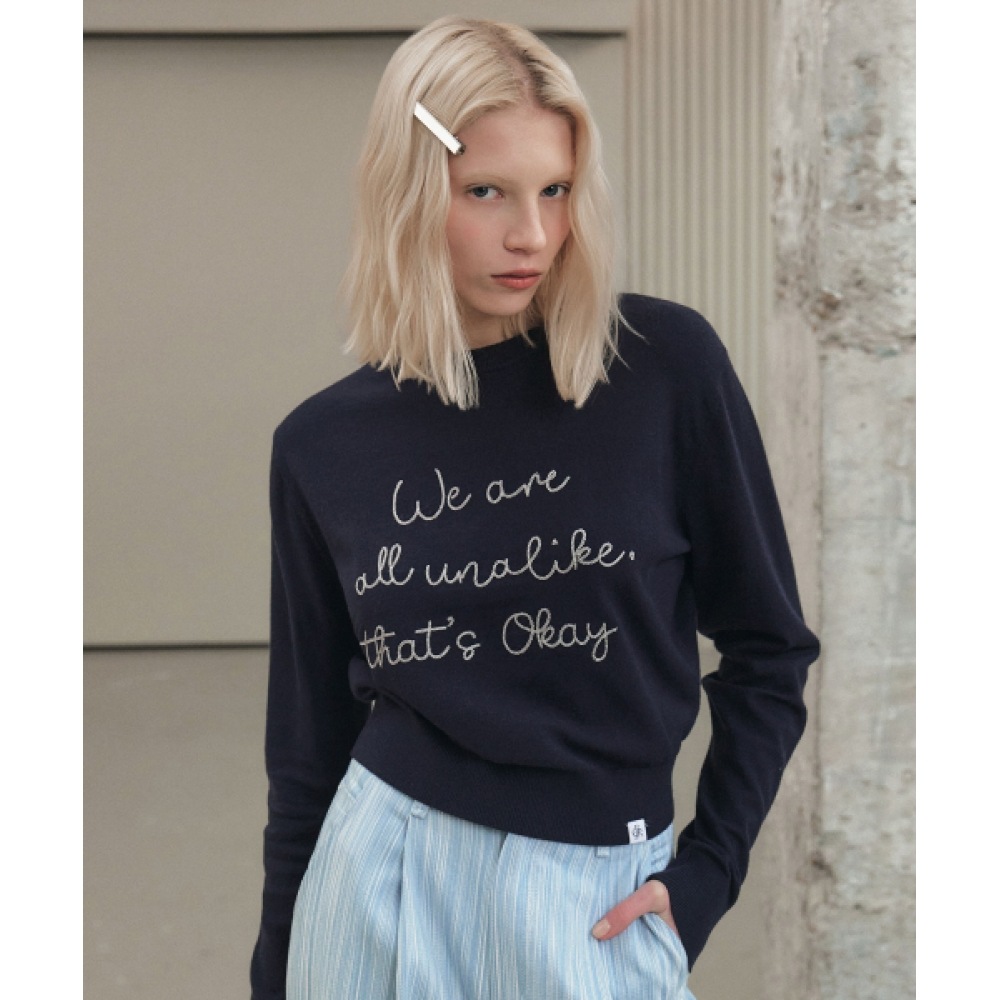 シティブリーズチェーンステッチレタリングニット_ネイビー