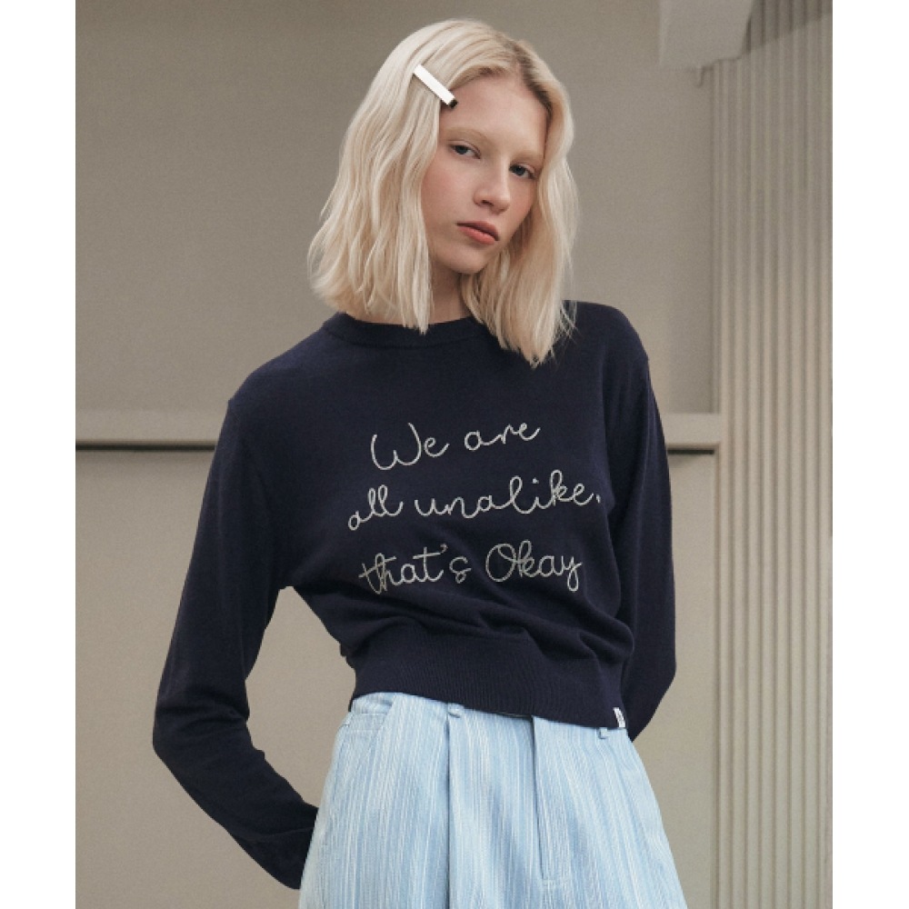 シティブリーズチェーンステッチレタリングニット_ネイビー