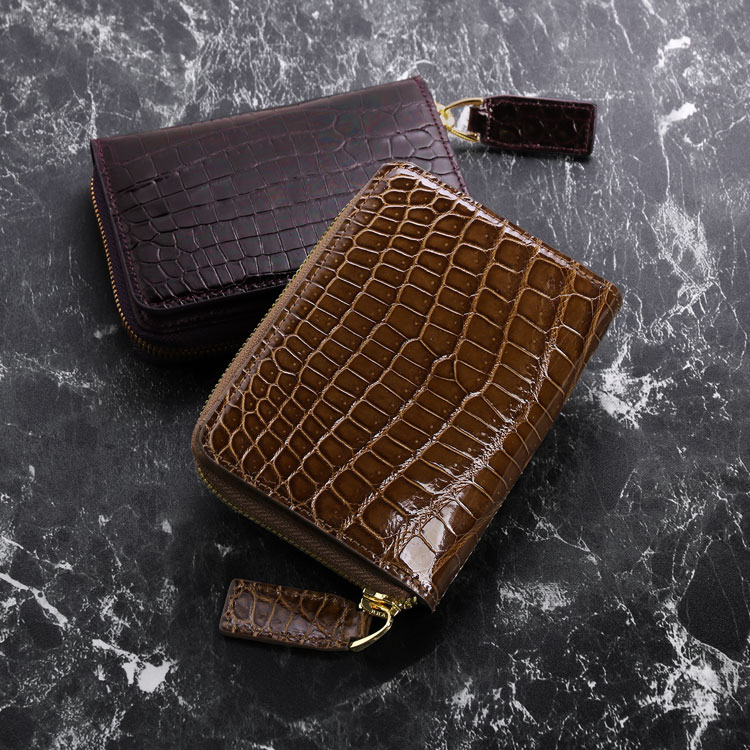 クロコダイル ミニ財布 メンズ 本革 シャイニング 加工 ラウンドファスナー 小銭入れ コンパクト 二つ折り財布 折財布 男性 彼氏 プレゼント ギフト 春財布 高級 (06001750-mens-1