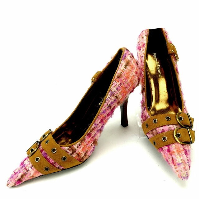 パンプス #M ツイード ピンク パープル ライトブラウン 中古 パンプス #M ツイード ピンク パープル ライトブラウン 中古