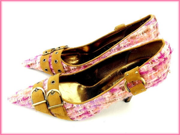 パンプス #M ツイード ピンク パープル ライトブラウン 中古 パンプス #M ツイード ピンク パープル ライトブラウン 中古