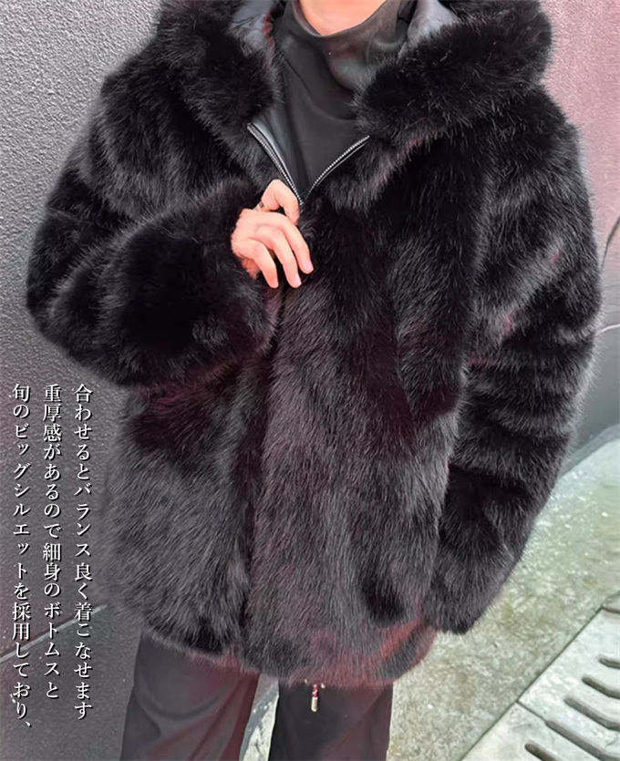 ファーコート メンズ 毛皮コート ショットコート アウター フォクス毛皮 フェイクファー ボアジャケット ジップアップ 厚手 フドー付き おしゃれ 暖かい 大きいサイズ 冬 冬物 贅沢 上品 ファッシ