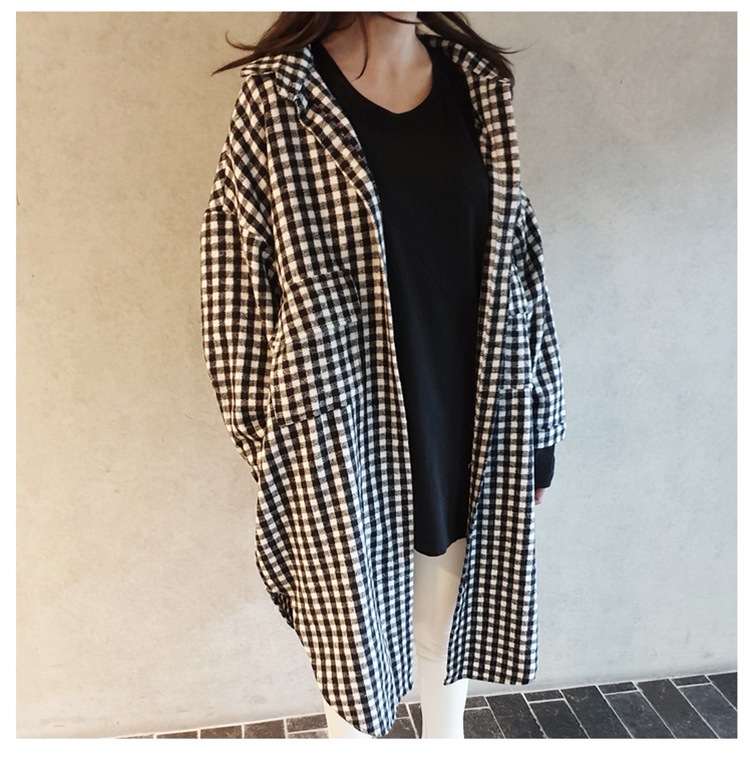 モノトーン ギンガムチェック オーバーサイズシャツ レディース トップス ロング 丈長め 長袖 襟付き 角襟 ストレート 前開き 綿 コットン 大人可愛い きれいめ シンプル 上品 おしゃれ