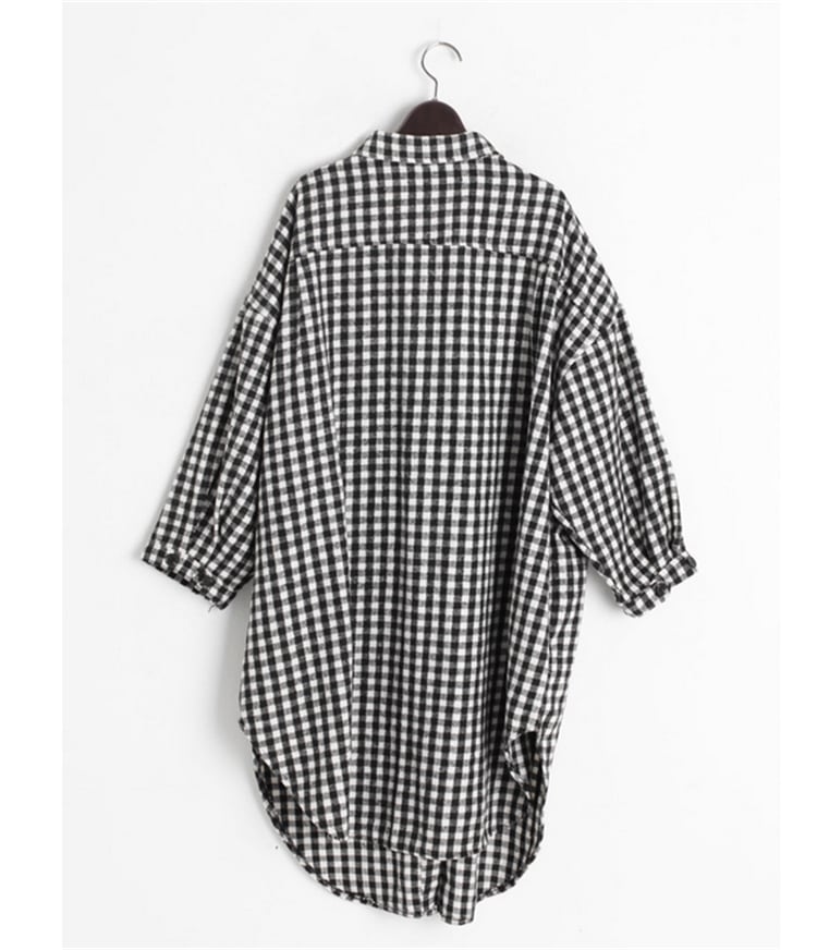 モノトーン ギンガムチェック オーバーサイズシャツ レディース トップス ロング 丈長め 長袖 襟付き 角襟 ストレート 前開き 綿 コットン 大人可愛い きれいめ シンプル 上品 おしゃれ
