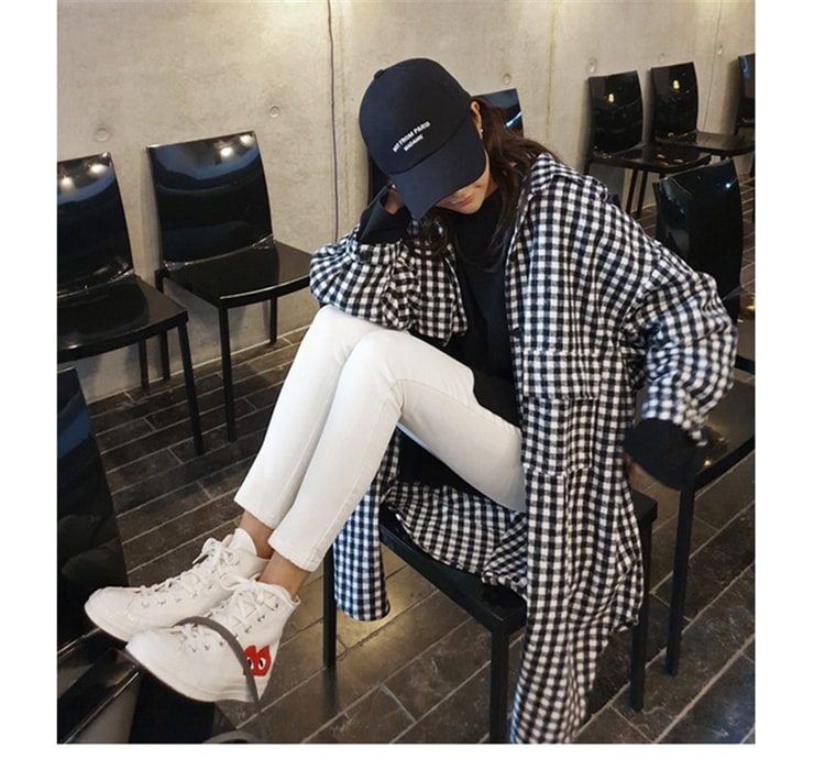 モノトーン ギンガムチェック オーバーサイズシャツ レディース トップス ロング 丈長め 長袖 襟付き 角襟 ストレート 前開き 綿 コットン 大人可愛い きれいめ シンプル 上品 おしゃれ