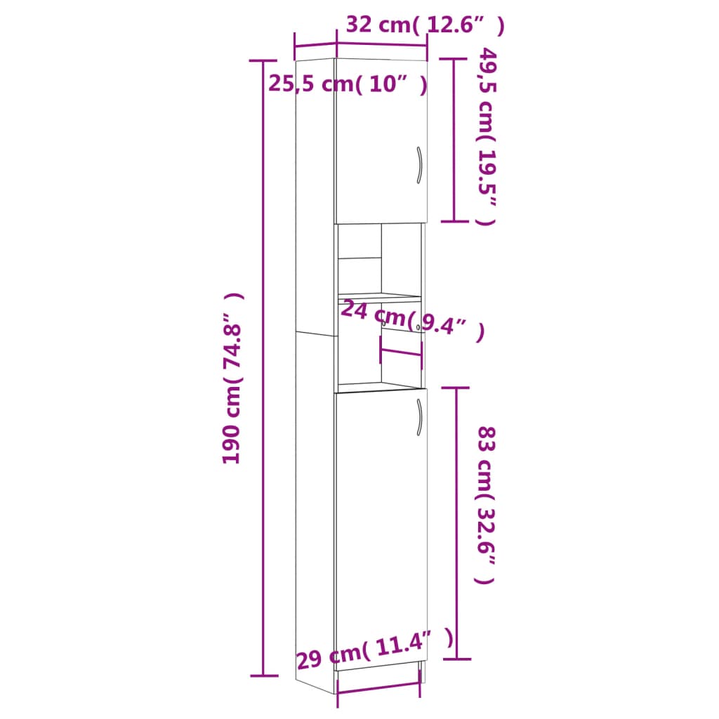 バスルームキャビネット 黒色 32x25.5x190cm パーティクルボード