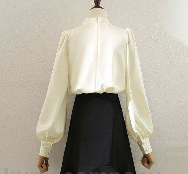 ボウタイ リボン ブラウス レディース トップス 長袖 ハイネック スタンドカラー シャツブラウス パフスリーブ きれいめ お呼ばれ 大きいサイズ 通勤服 オフィス カジュアル 上品 km