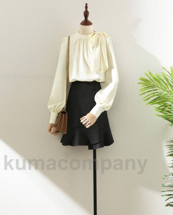 ボウタイ リボン ブラウス レディース トップス 長袖 ハイネック スタンドカラー シャツブラウス パフスリーブ きれいめ お呼ばれ 大きいサイズ 通勤服 オフィス カジュアル 上品 km