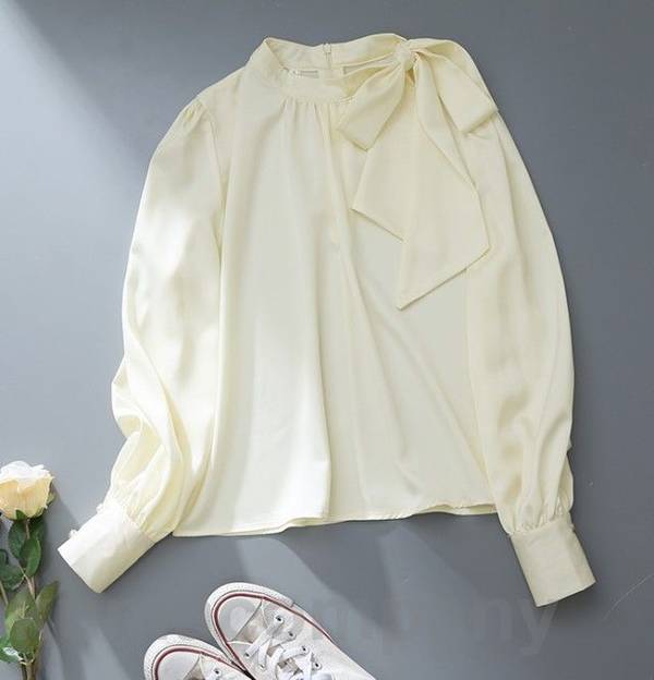 ボウタイ リボン ブラウス レディース トップス 長袖 ハイネック スタンドカラー シャツブラウス パフスリーブ きれいめ お呼ばれ 大きいサイズ 通勤服 オフィス カジュアル 上品 km