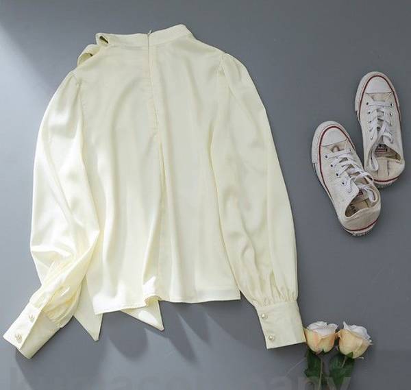 ボウタイ リボン ブラウス レディース トップス 長袖 ハイネック スタンドカラー シャツブラウス パフスリーブ きれいめ お呼ばれ 大きいサイズ 通勤服 オフィス カジュアル 上品 km