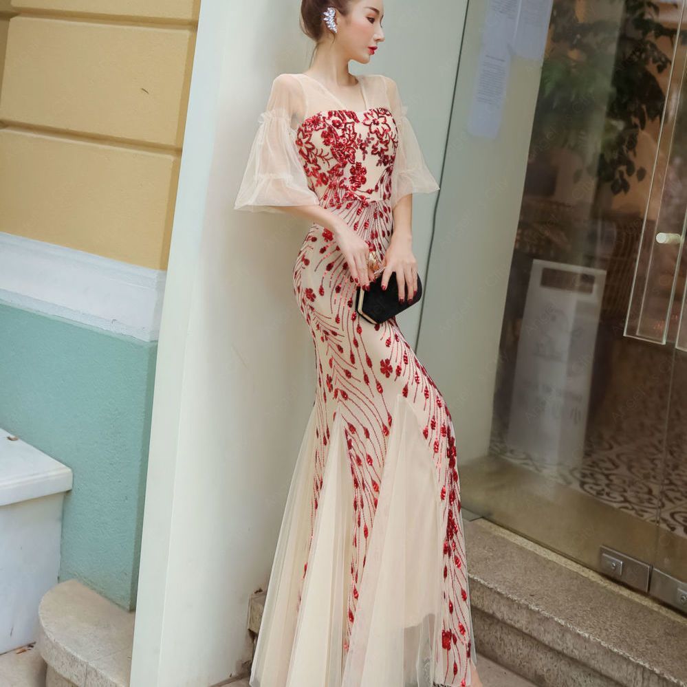 パーティードレス フィッシュテイルスカート2024新しい宴会気質ロングドレス-13