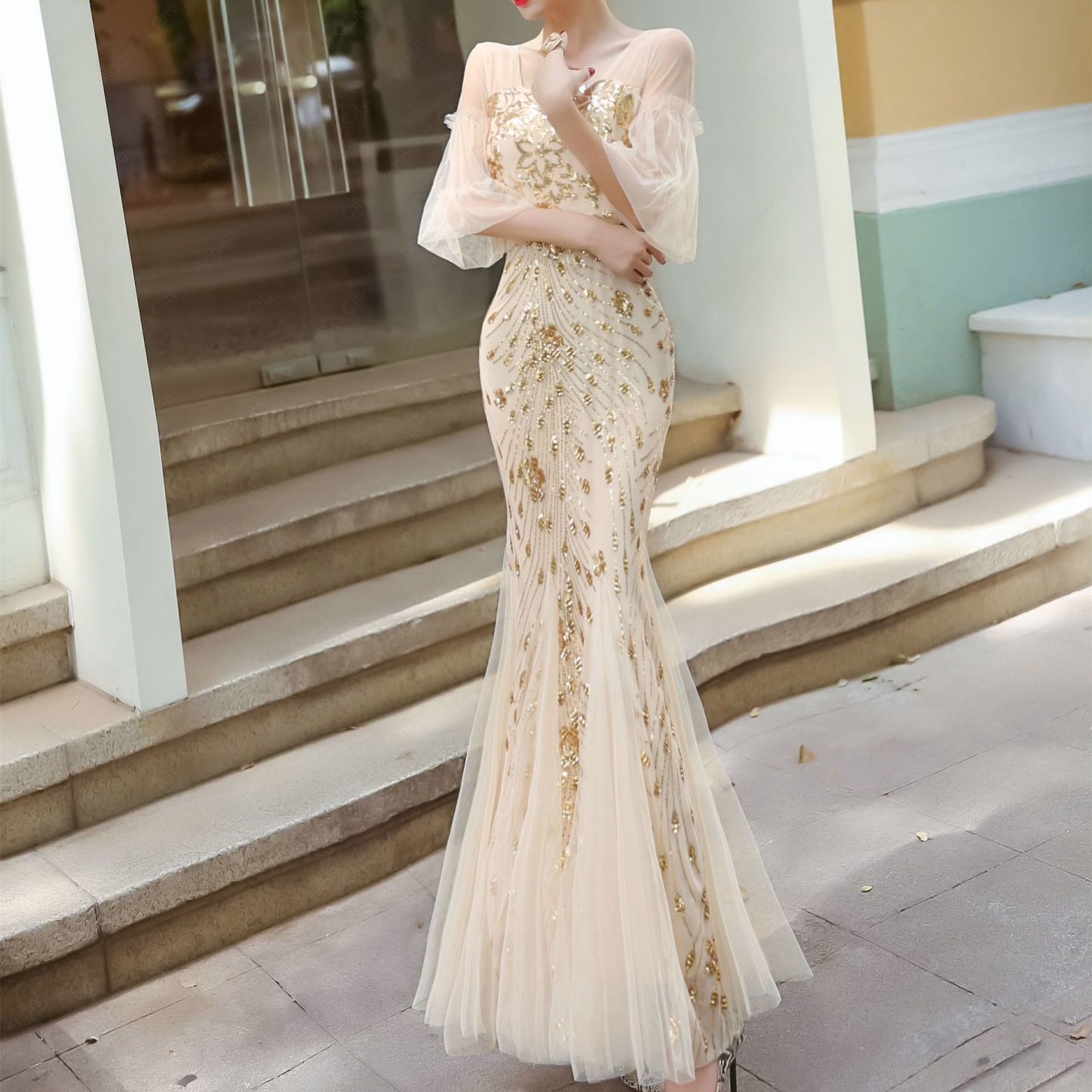 パーティードレス フィッシュテイルスカート2024新しい宴会気質ロングドレス-13