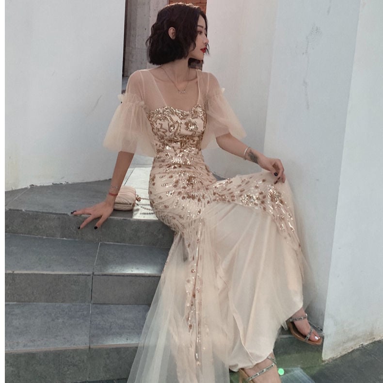 パーティードレス フィッシュテイルスカート2024新しい宴会気質ロングドレス-13