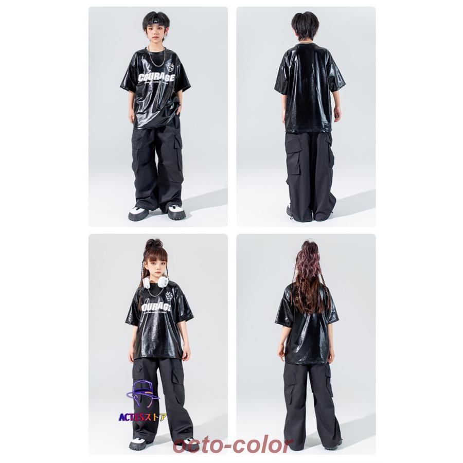 銀色 黒 キッズダンス ダンス衣装 ヒップホップ 女の子 男の子 シルバー ブラック フェイクレザー Tシャツ 半袖 カーゴパンツ ズボン ストリート ガールズ ジャ