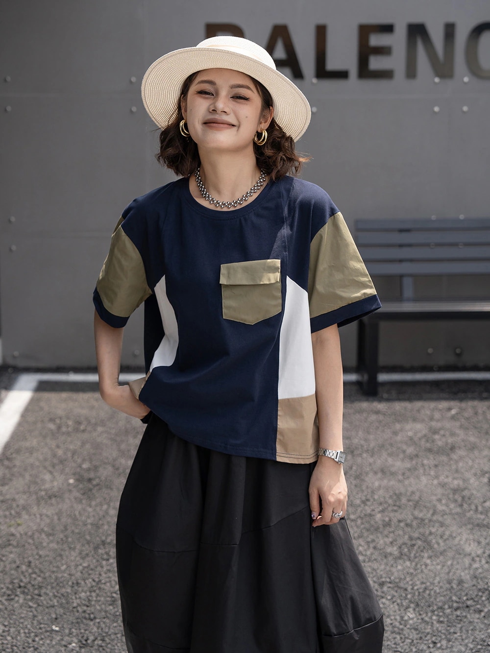 アメリカのレトロ大きいサイズ tシャツ個性的切り替え上着tシャツ レディース