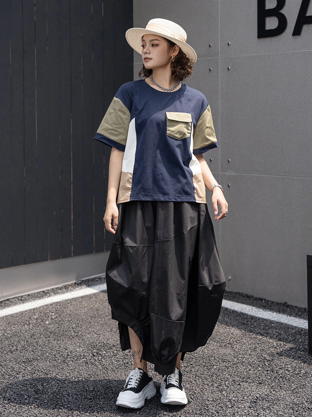 アメリカのレトロ大きいサイズ tシャツ個性的切り替え上着tシャツ レディース