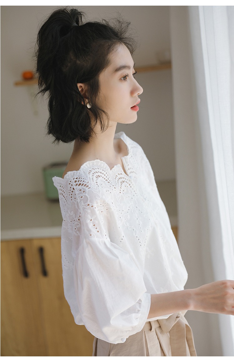 トップス ブラウス 白シャツ 白トップス 7分袖 七分袖 ボリューム袖 かわいい 大人可愛い