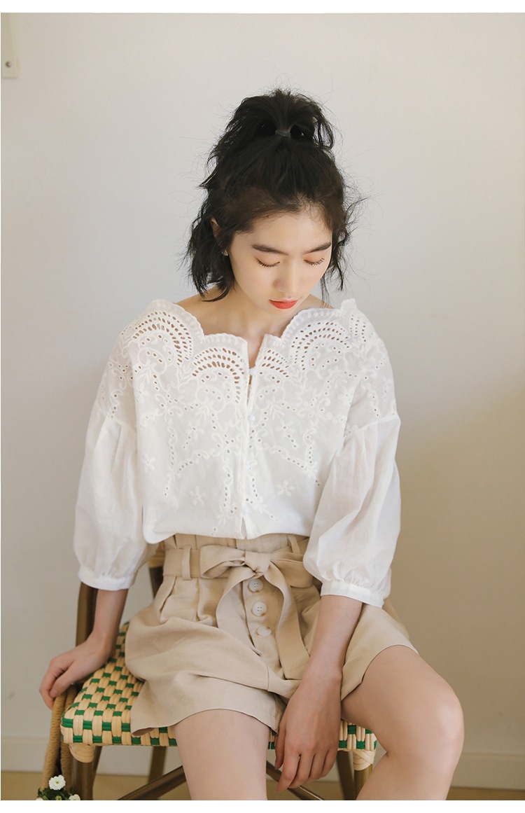 トップス ブラウス 白シャツ 白トップス 7分袖 七分袖 ボリューム袖 かわいい 大人可愛い