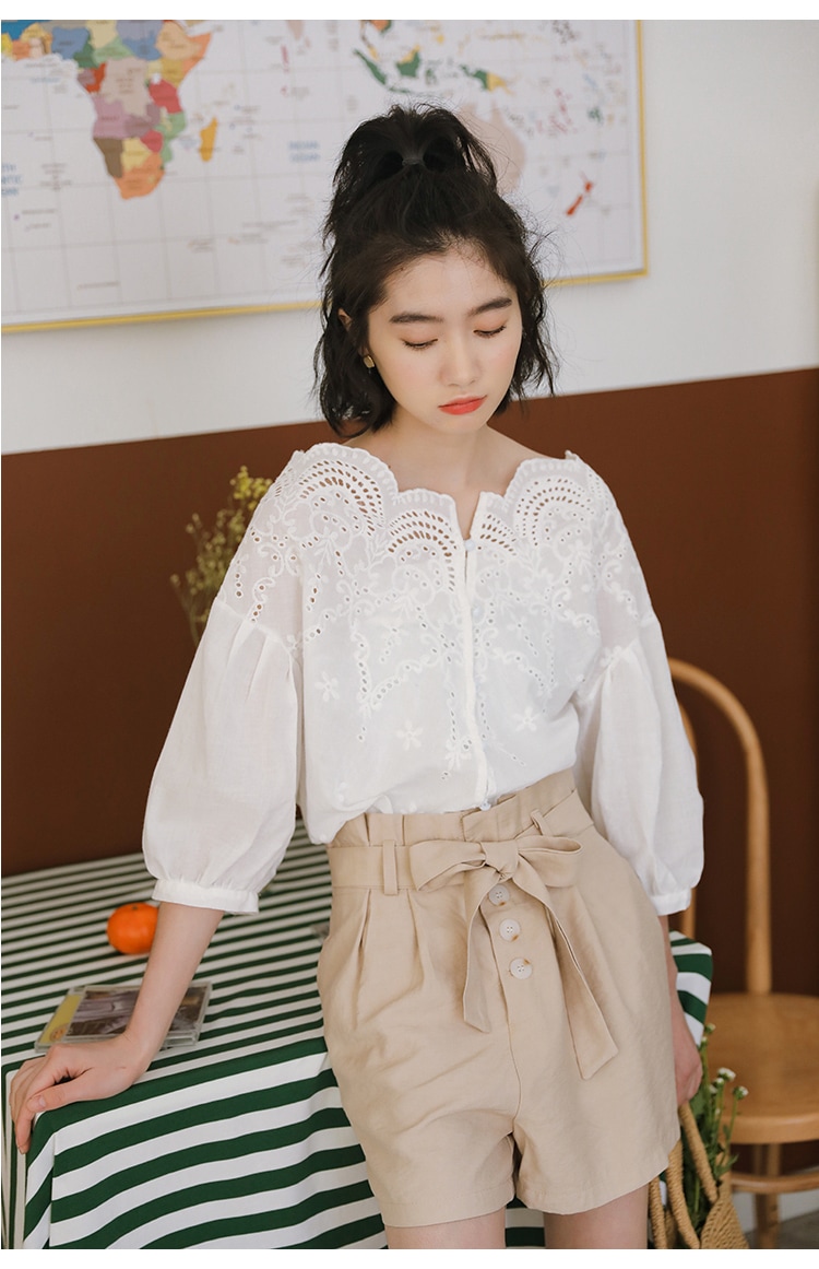 トップス ブラウス 白シャツ 白トップス 7分袖 七分袖 ボリューム袖 かわいい 大人可愛い