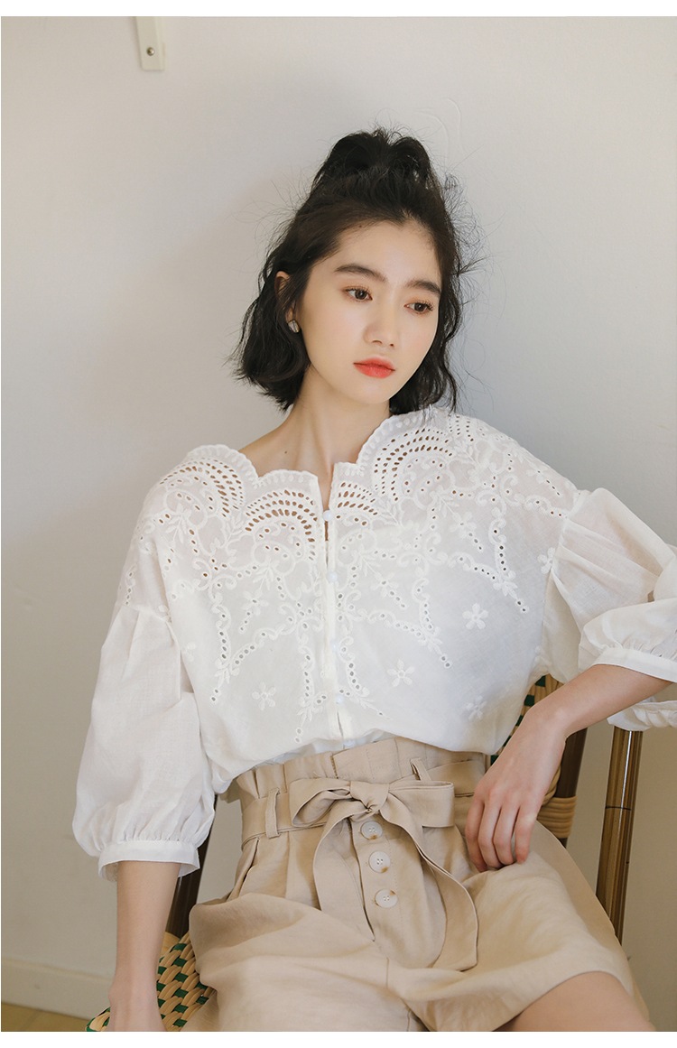 トップス ブラウス 白シャツ 白トップス 7分袖 七分袖 ボリューム袖 かわいい 大人可愛い