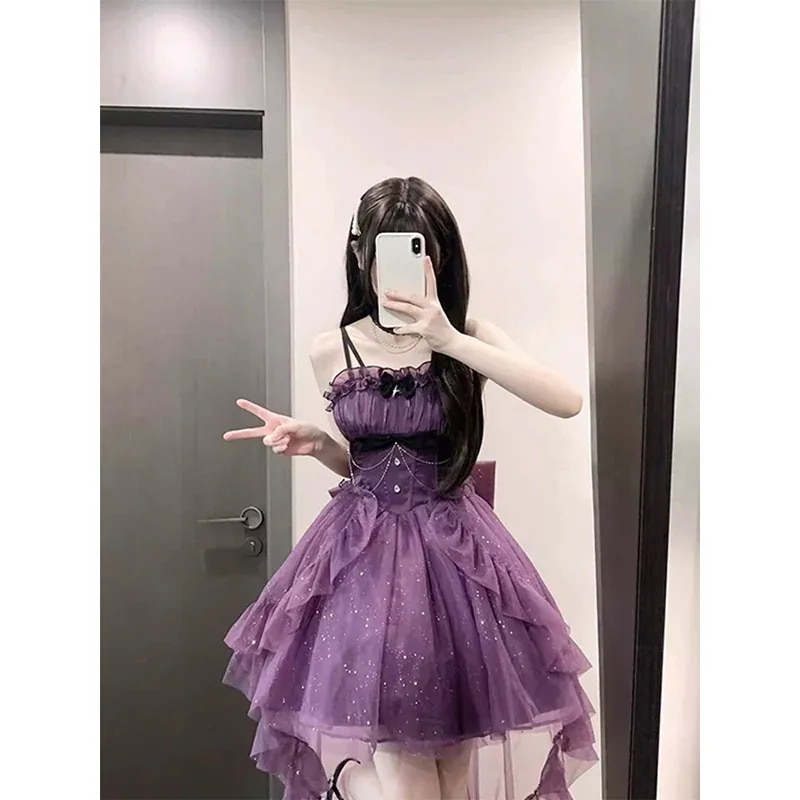 微ラメロリータ テールスカート パープルライトドレス プリンセスドレス ロリータ