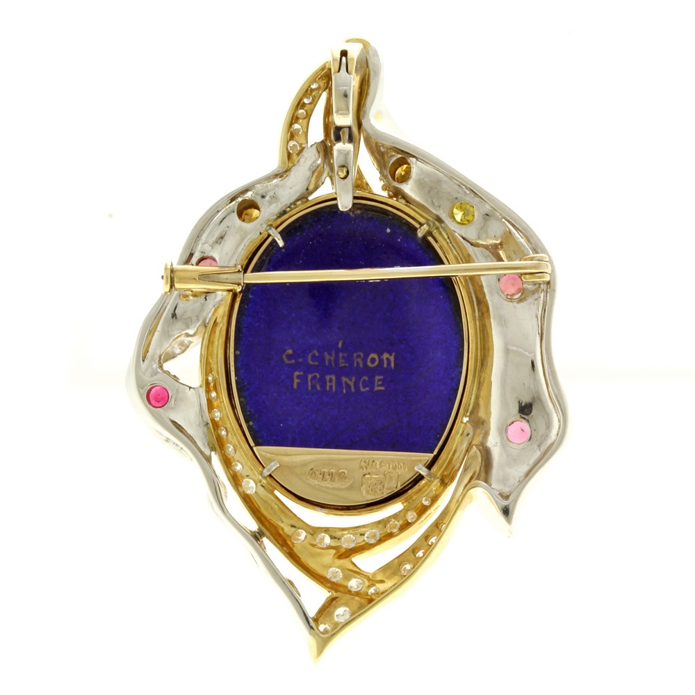 【作家】梶光夫 エマーユ ペンダント ブローチ 18金 K18イエローゴールド ダイヤモンド 1.12ct ルビー 中古 美品
